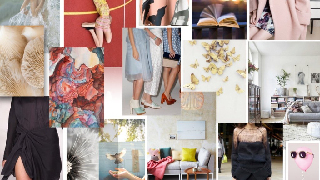 Tablero visual de inspiración mostrando elementos de identidad de la marca de moda