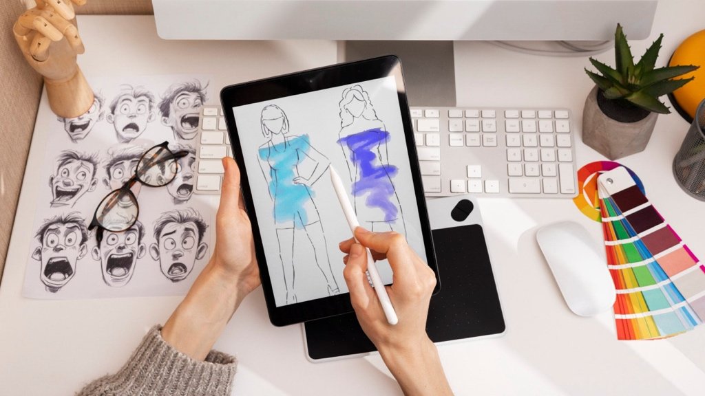 Emprendedor de moda usando herramientas de AI para diseñar una línea de ropa