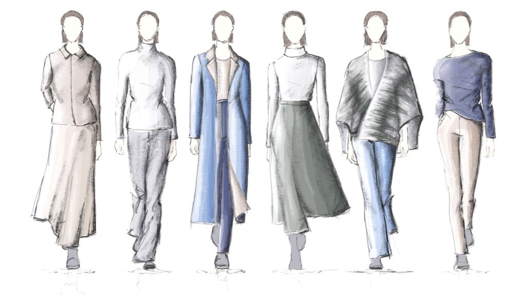 Bocetos de diseños de ropa con muestras de tela y herramientas