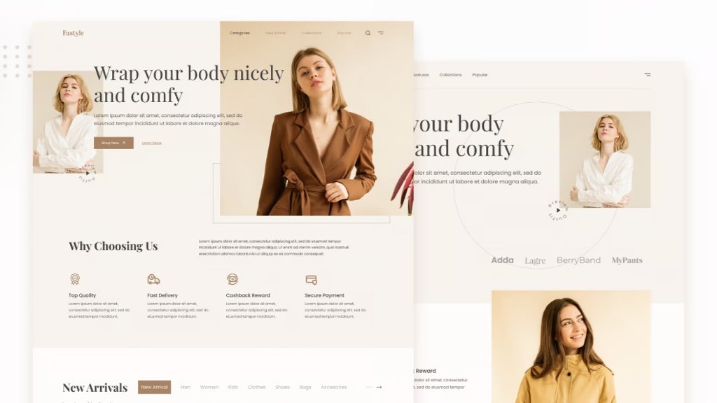 Sitio web de marca de moda moderna mostrado en laptop y teléfono